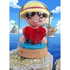 Handmade Crochet Luffy Amigurumi - One Piece in Glass Display Dome size 13cm x8
